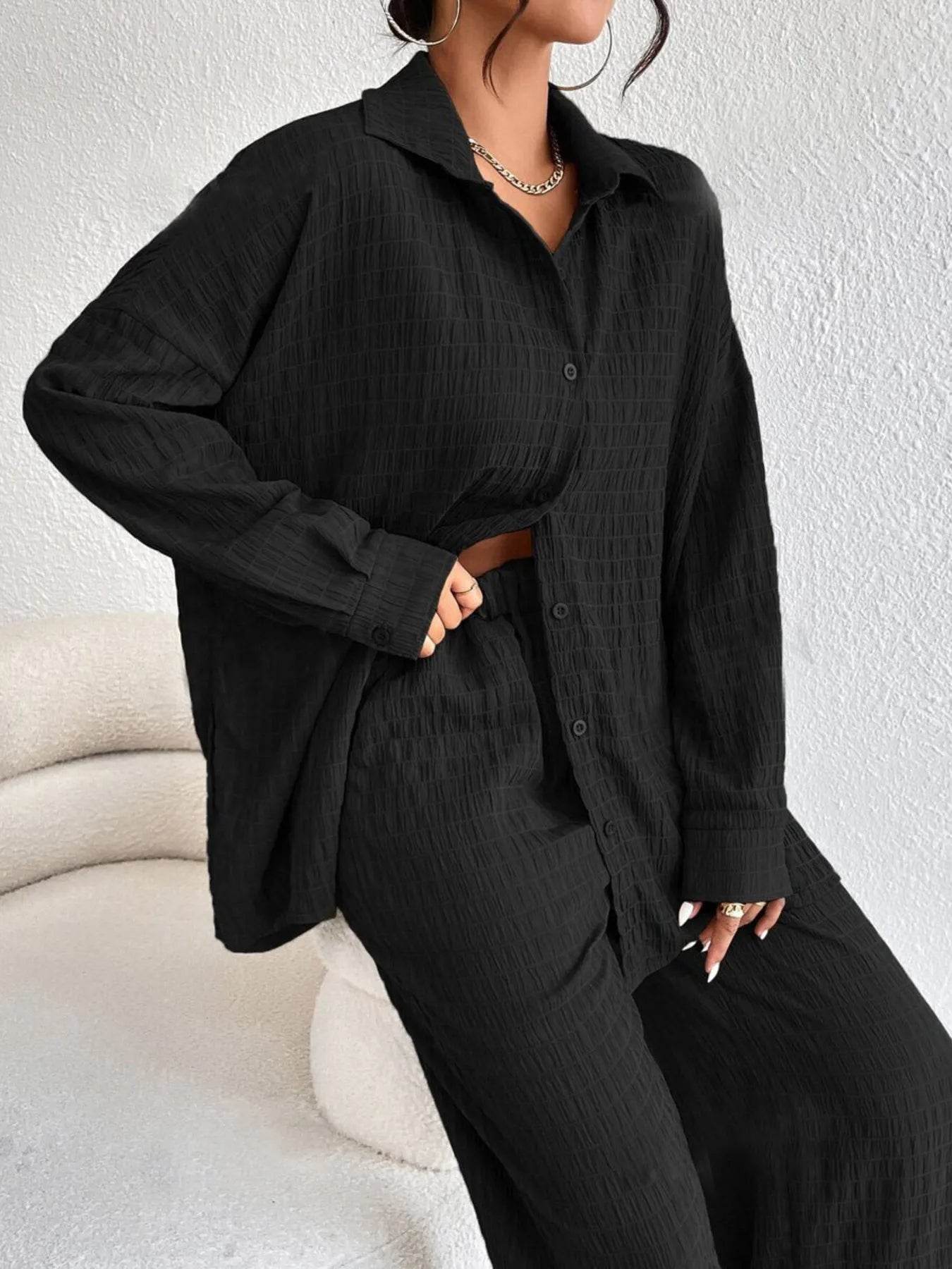Button Up Long Sleeve Shirt and Pants Set Trendsi 60a89892a0b74d46893533b3cfabe1f1-Max-Origin
