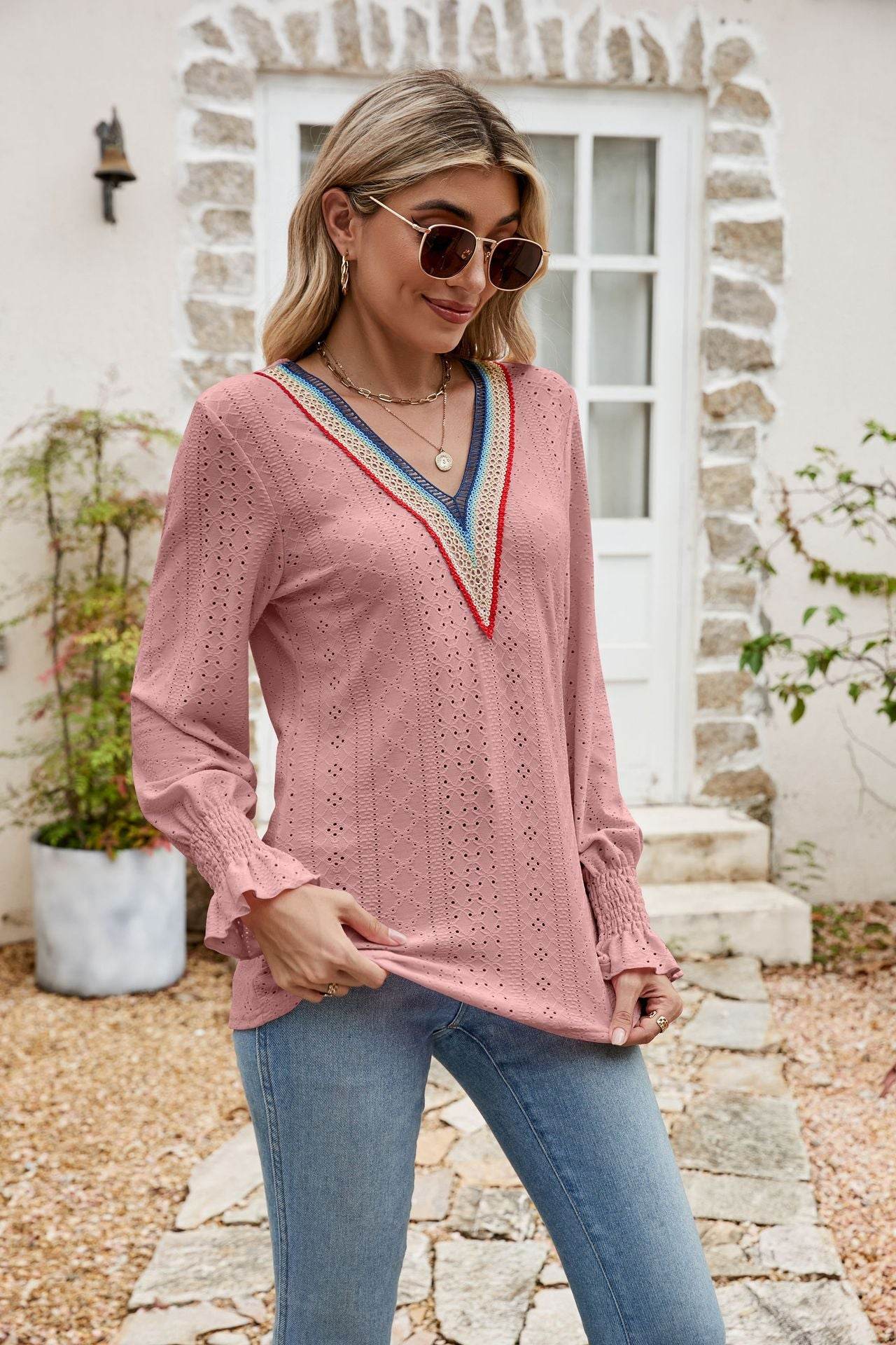 Eyelet Flounce Sleeve V-Neck Blouse Trendsi 60b269045f2547fd9e445daaf5a6770d-Max