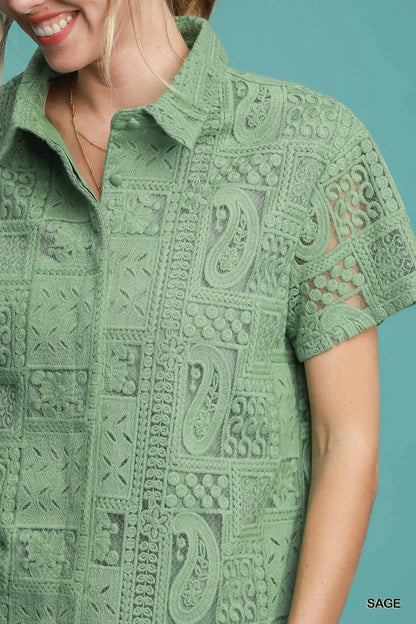 Umgee Patch Lace Short Sleeve Button Down Shirt Trendsi 60bc31c0-a78e-49bc-a89d-c36b865d0621-Max-Origin