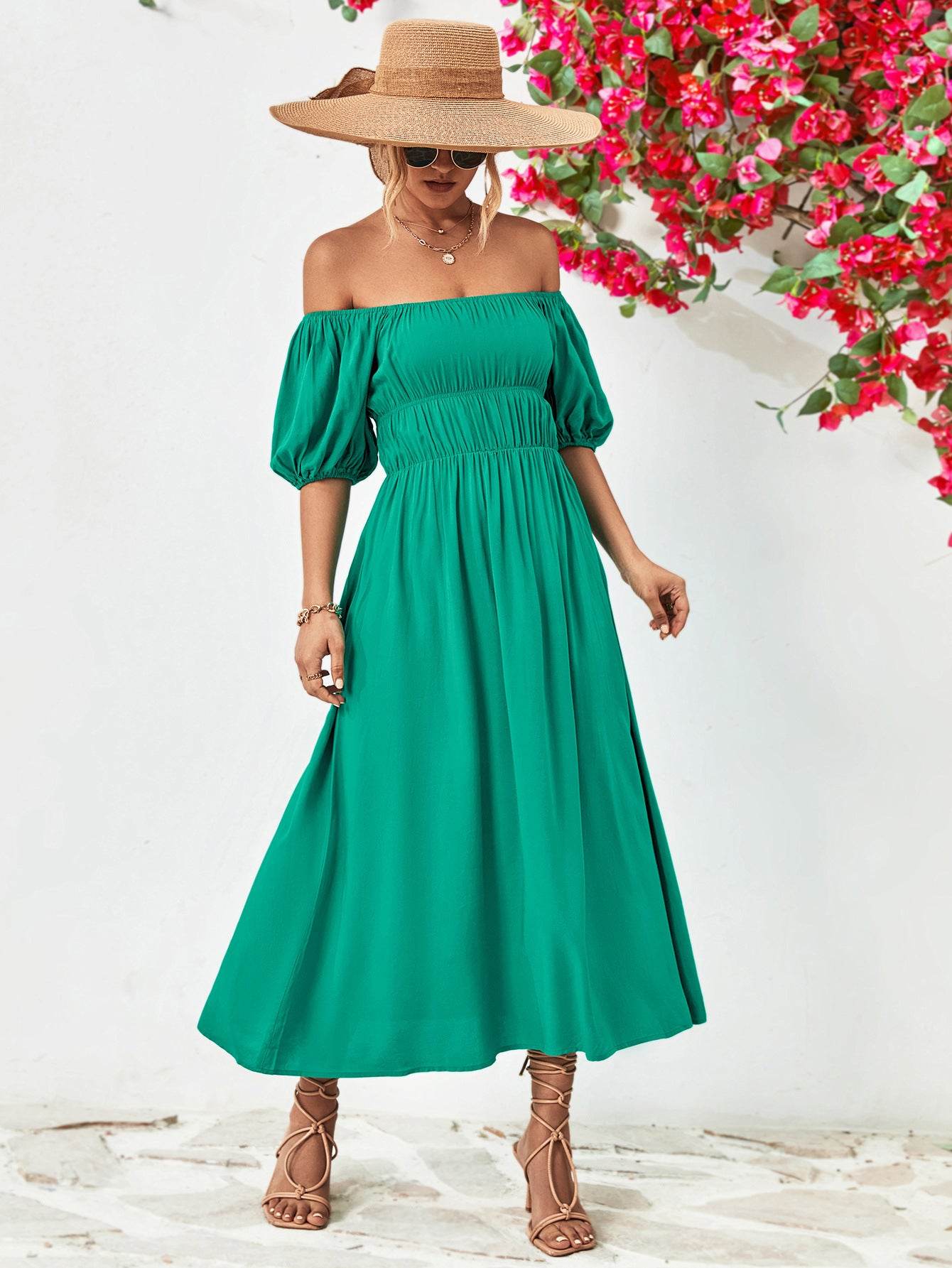 Off-Shoulder Balloon Sleeve Midi Dress Trendsi 60d1df1e91504258ba109e2998c670bf-Max