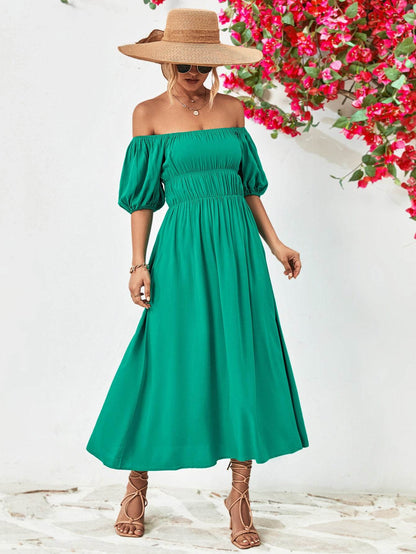 Off-Shoulder Balloon Sleeve Midi Dress Trendsi 60d1df1e91504258ba109e2998c670bf-Max