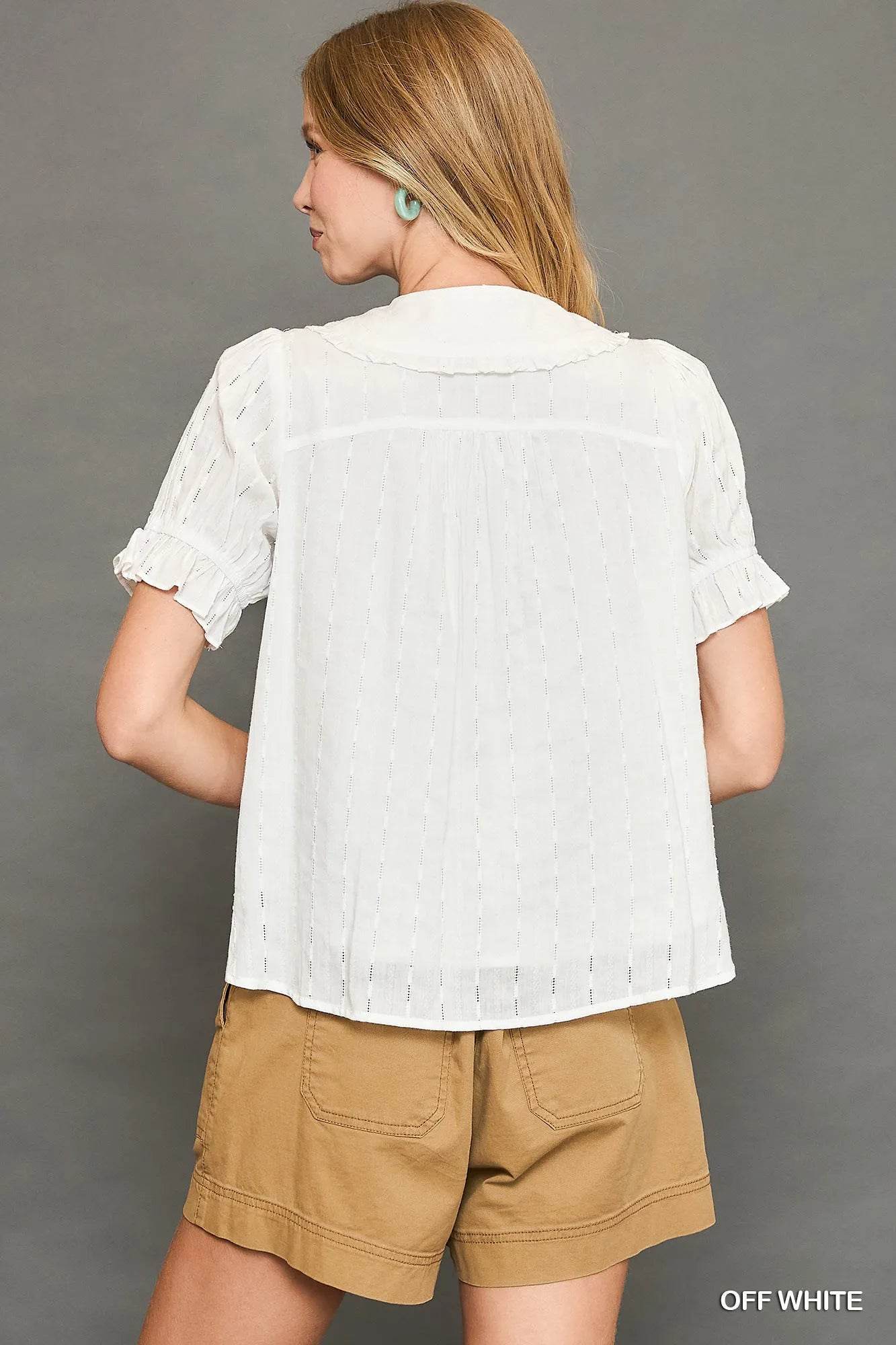 Umgee Peter Pan Collared Button Down Textured Shirt with Ruffled Detail Trendsi 60e8c38c-03c9-42a1-8430-80153ae93cf9-Max-Origin