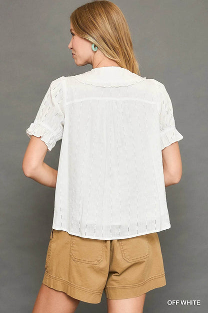 Umgee Peter Pan Collared Button Down Textured Shirt with Ruffled Detail Trendsi 60e8c38c-03c9-42a1-8430-80153ae93cf9-Max-Origin