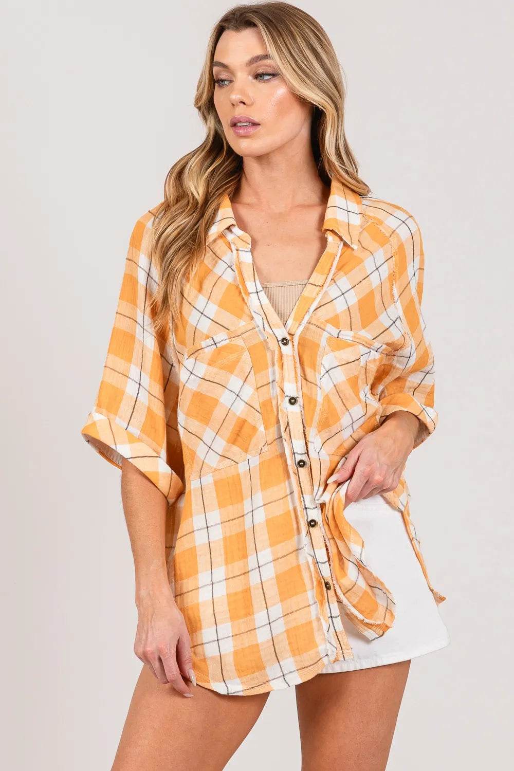 SAGE + FIG Plaid Button Up Side Slit Shirt Trendsi 6100e562-1805-4197-bd9a-f1e5662f4419-Max
