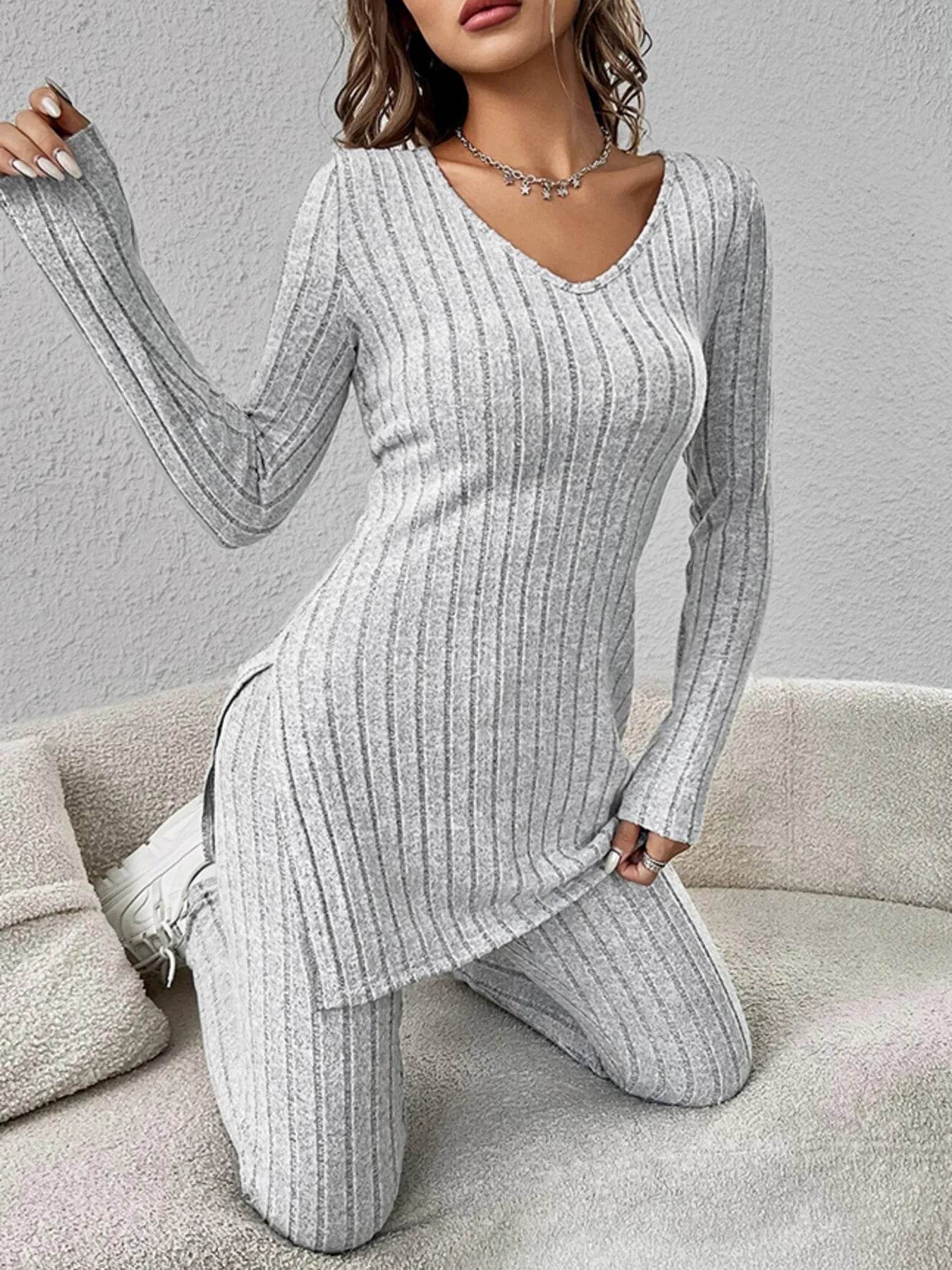 Slit V-Neck Ribbed Top and Pants Set Trendsi 61245fb2715e4d1ca9e638d37efbd0f9-Max-Origin