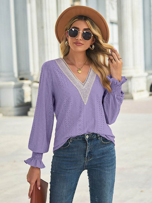 V-Neck Eyelet Flounce Sleeve Blouse Periwinkle Trendsi 61369bfecc00413aaa0b58e198295ef0-Max