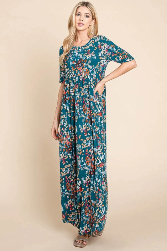 BOMBOM Printed Shirred Maxi Dress Teal Trendsi 6153568d-03d2-40ae-9be2-afd8a93f1036-Max