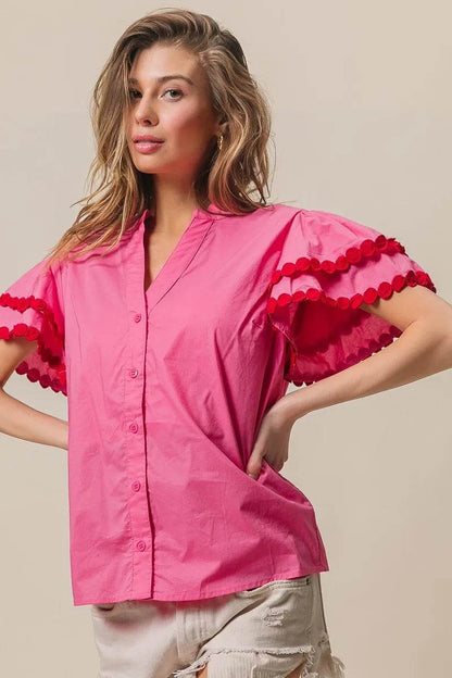 BiBi Dot Trim Flutter Sleeve Notched Top Trendsi 61665f685a554614887714135eda5d57-Max-Origin