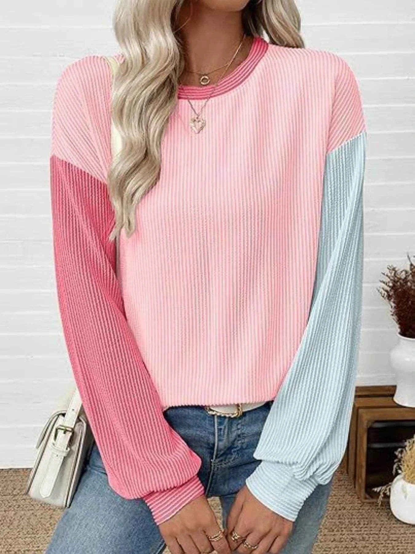 Color Block Ribbed Long Sleeve T-Shirt Trendsi 61856b14-577b-4a95-bc97-5913813cb13f-Max-Origin