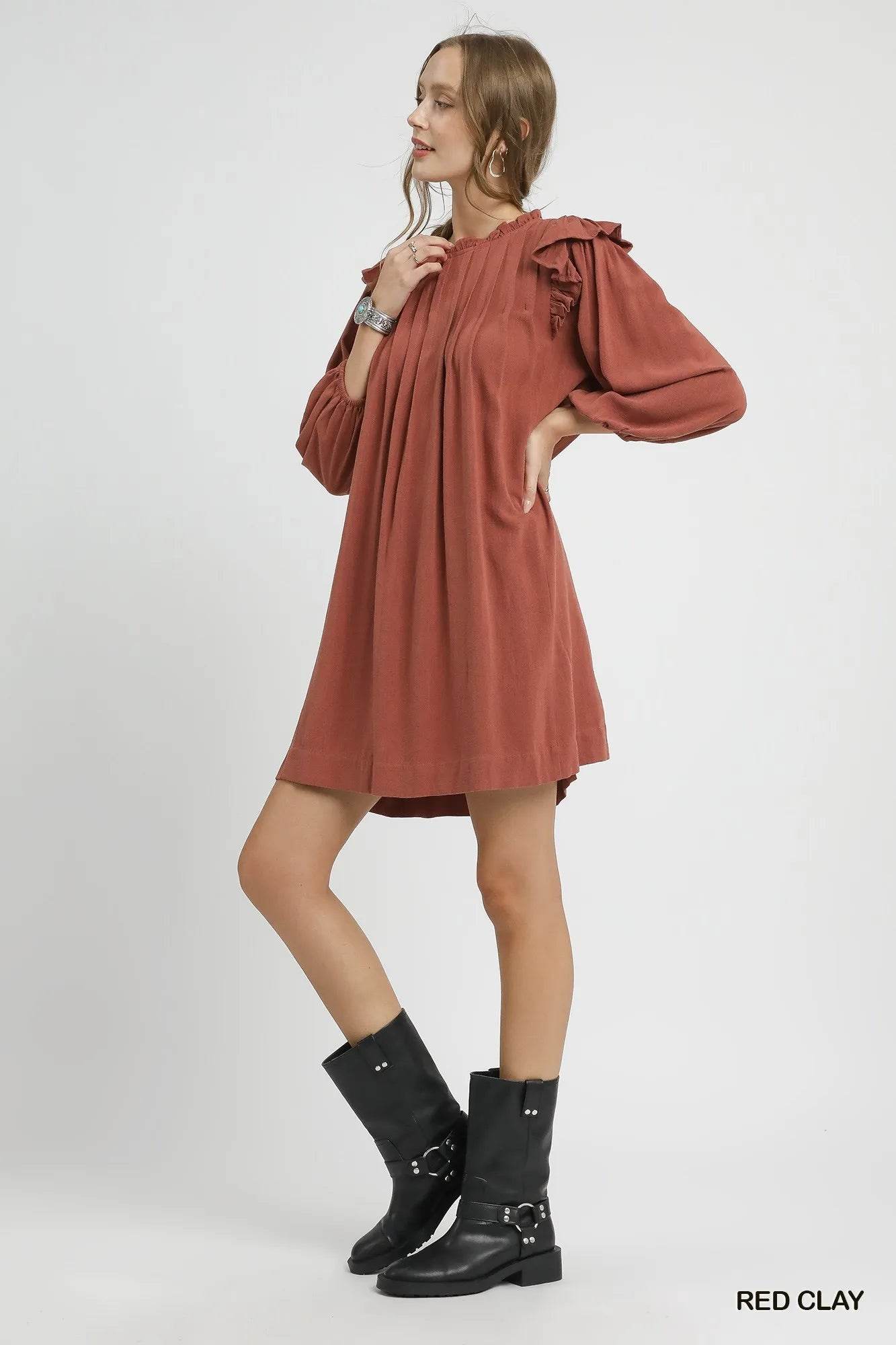 Umgee Linen Ruffle Shoulder Pleated Babydoll Dress Trendsi 6196d513-72d5-4f75-b044-d42bb7f81473-Max-Origin