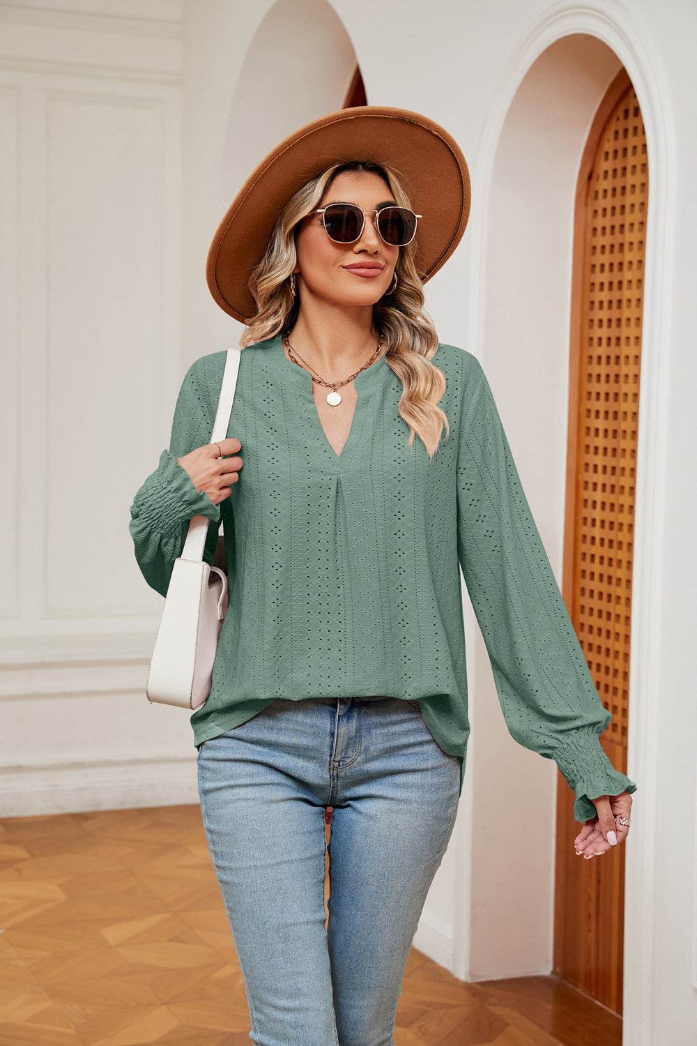 Notched Neck Flounce Sleeve Blouse Gum Leaf Trendsi 61a7cbf0e77b46469e003fb9b83cbb45-Max