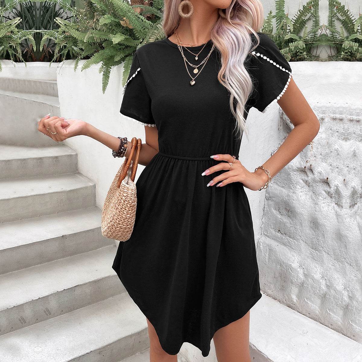 Perfee Round Neck Petal Sleeve Dress with Pockets Trendsi 61b8921d212b4a8b8c0dd263369b1887-Max