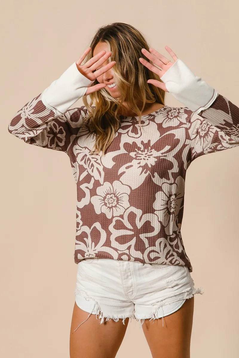 BiBi Flower Printed Waffle Thumb Opening Top Trendsi 61bca94be7b543a494611e60a4eac4c0-Max-Origin