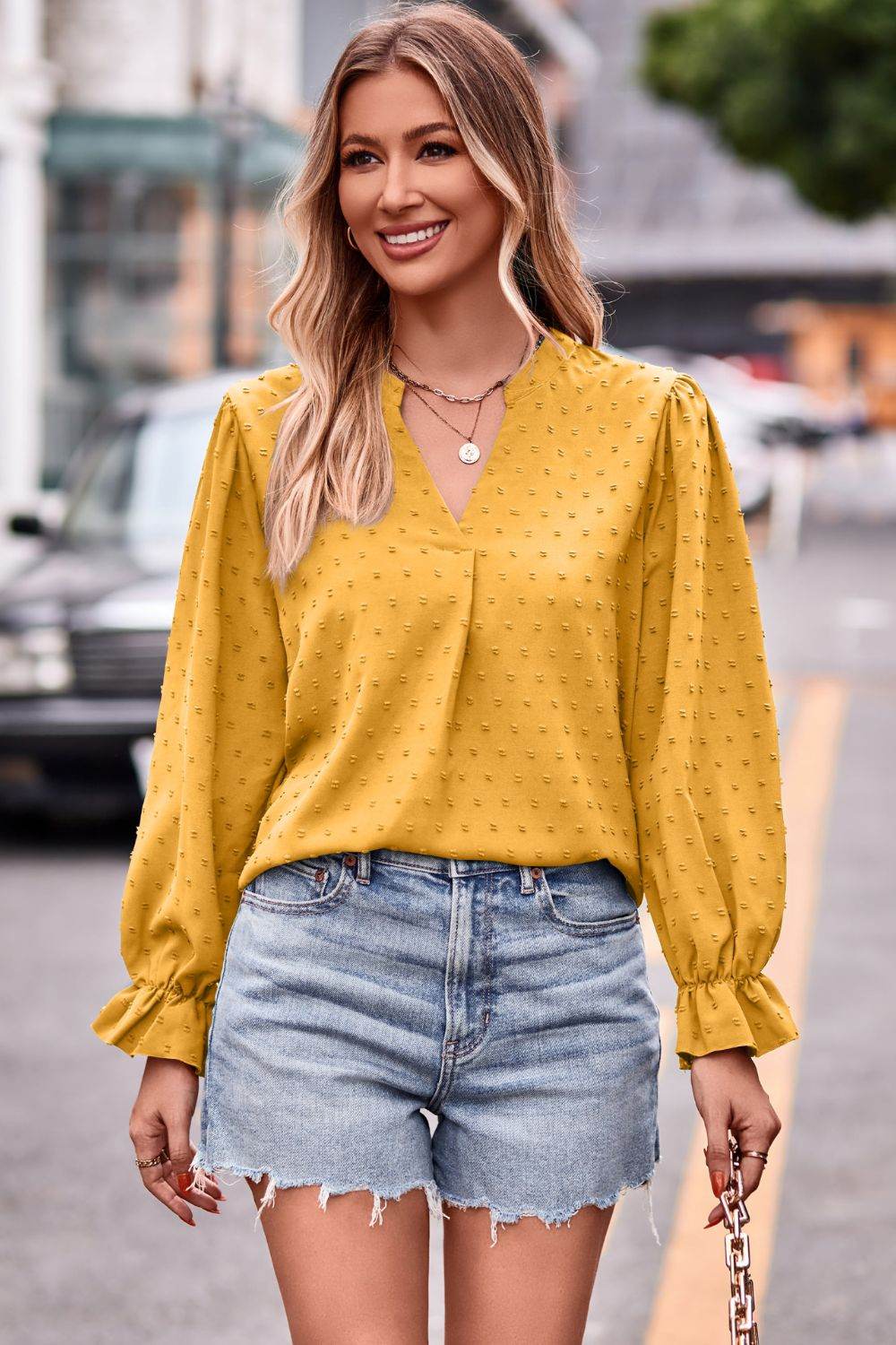 Swiss Dot Notched Neck Flounce Sleeve Blouse Gold Trendsi 61cd7142382a4a44aaf906dd62a77bac-Max