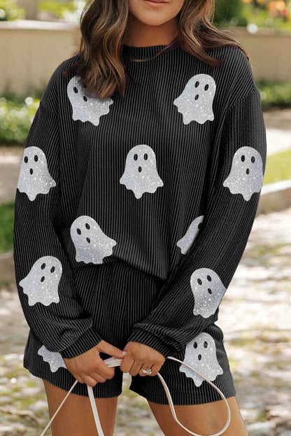 Glitter Ghost Round Neck Long Sleeve Top and Shorts Set Black Trendsi 61dd48be-55d9-4589-b211-ad2dfeaa8d32-Max