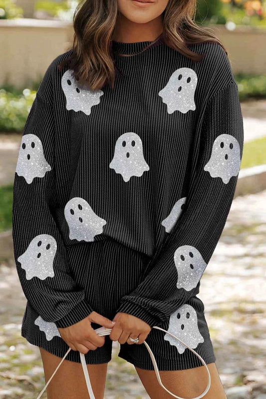 Glitter Ghost Round Neck Long Sleeve Top and Shorts Set Black Trendsi 61dd48be-55d9-4589-b211-ad2dfeaa8d32-Max