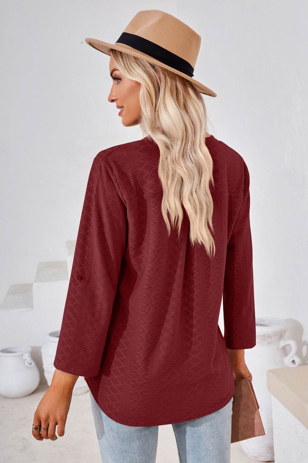 V-Neck Roll-Tap Sleeve Blouse Trendsi 62094295e2cd42ebbc1b5e2cf7e129eb-Max