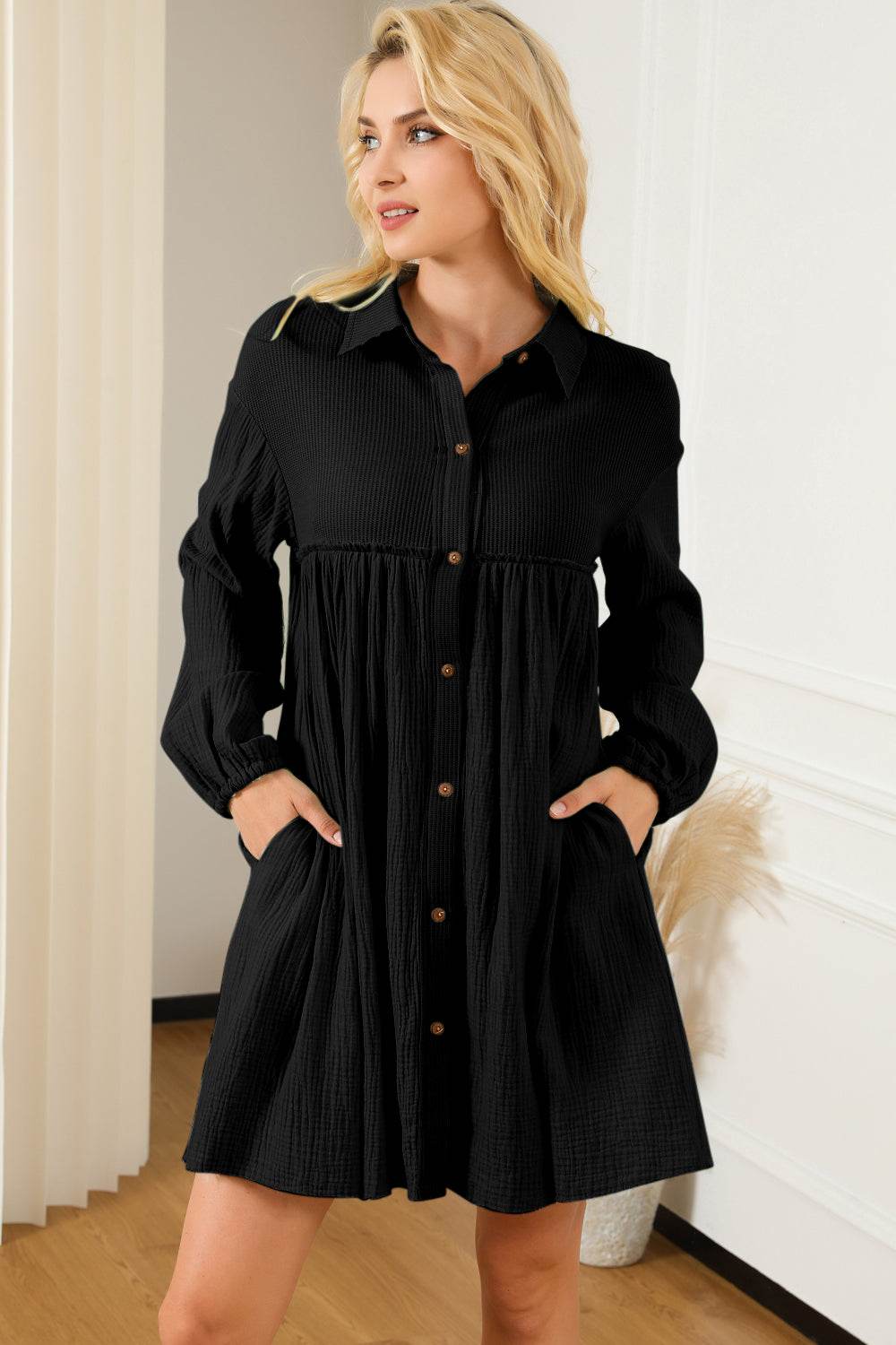 Buttoned Collared Neck Dropped Shoulder Mini Dress Trendsi 621a0ac212e14a70b5fb416dded4d50e-Max