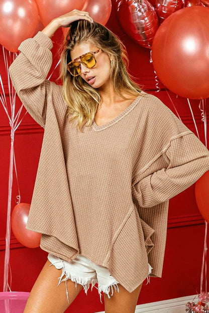 BiBi V-Neck Waffle Uneven Hem Top Trendsi 622b7c0d-9f45-4f02-bc2e-f3bc72bba5ec-Max