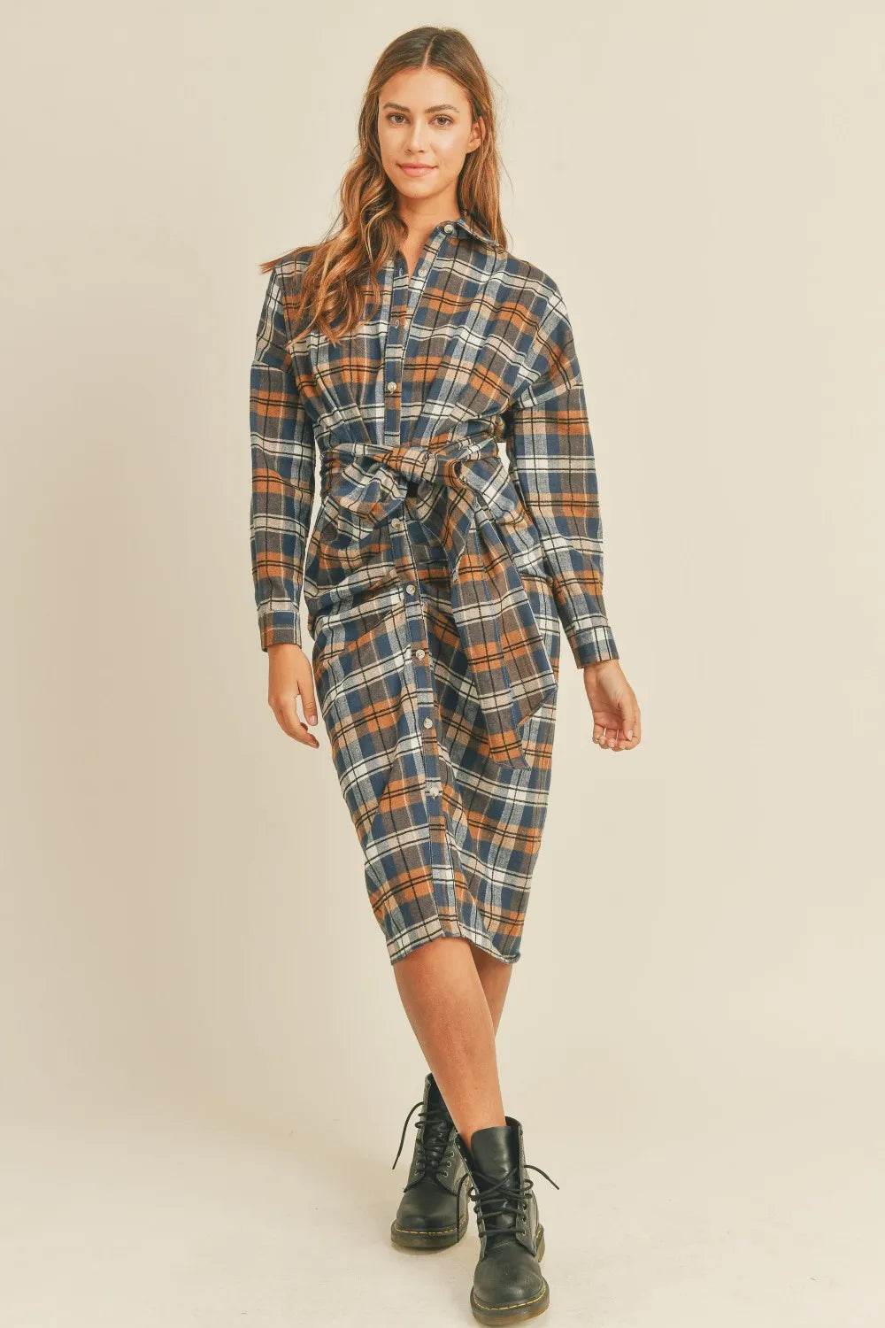 Mable Plaid Flannel Front Tie Button Down Shirt Dress Trendsi 622f1be4-df2e-416e-b357-10955187302d-Max