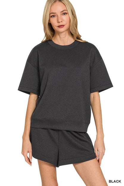 Zenana Scuba Short Sleeve Top & Shorts Set BLACK Trendsi 623e56bf02554c5a9f770b3f41705349-Max-Origin