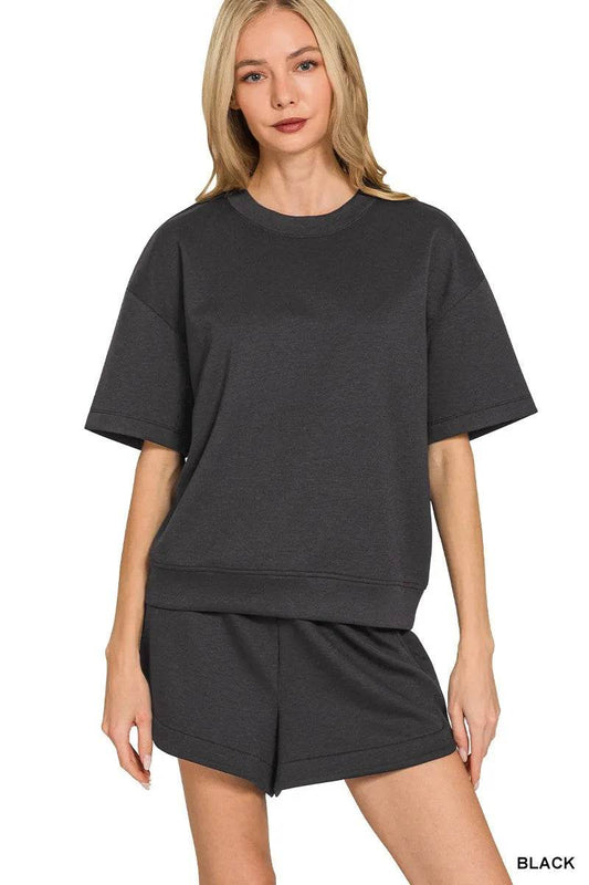Zenana Scuba Short Sleeve Top & Shorts Set BLACK Trendsi 623e56bf02554c5a9f770b3f41705349-Max-Origin