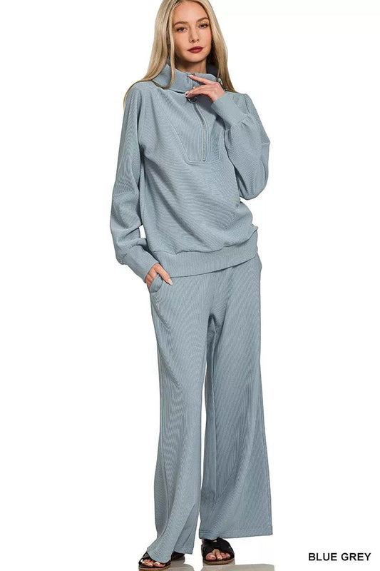 Zenana Ribbed High Neck Half Zip Pullover & Pants Set BLUE GREY Trendsi 6247bb546ba64d19a512d565c6d74c6f-Max-Origin