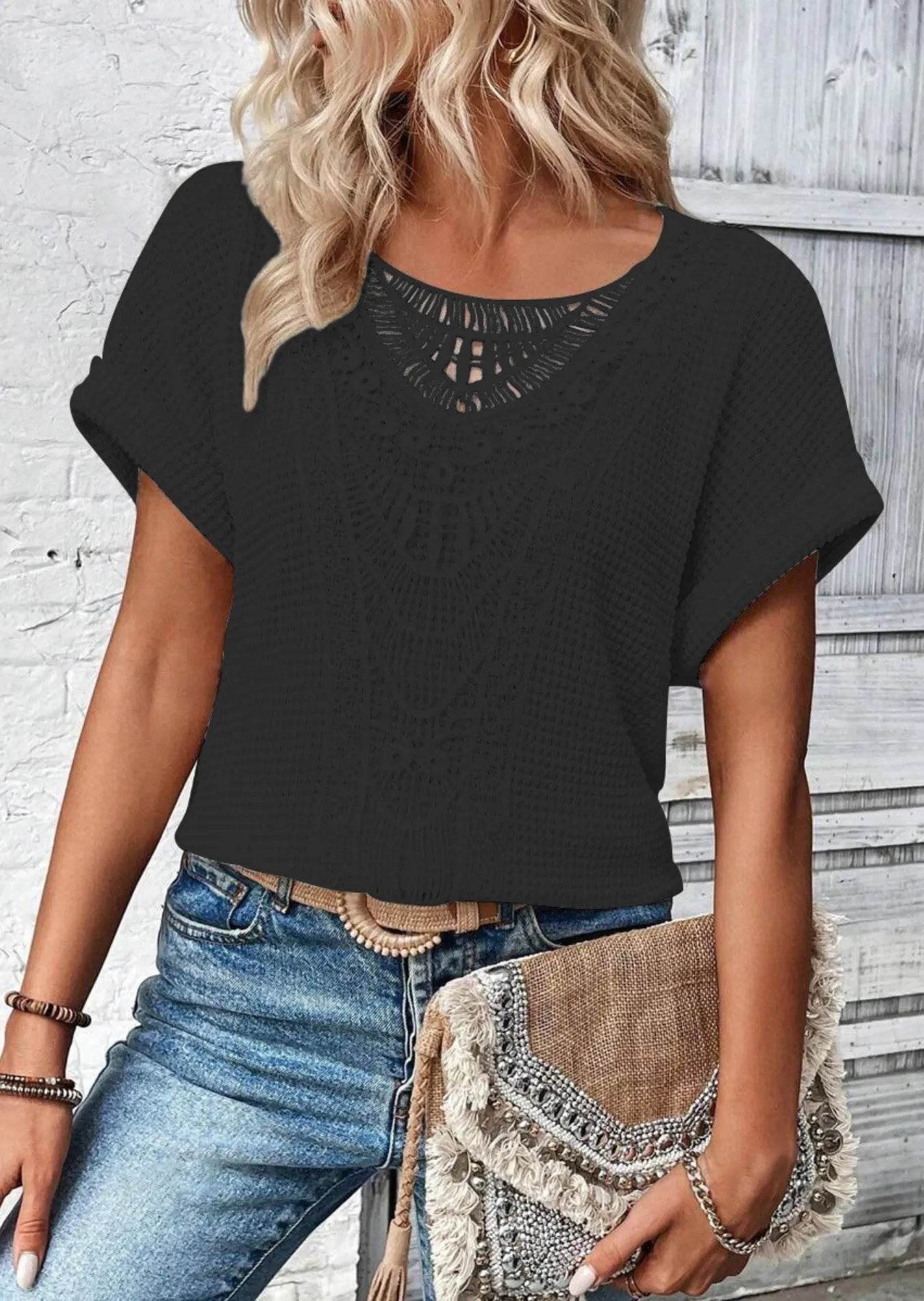 Crochet Lace Short Sleeve Casual T-Shirt Trendsi 6253a422-a2ba-4ccd-af6e-89afd5455fa7-Max-Origin