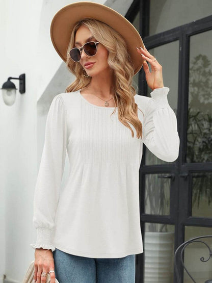 Smocked Round Neck Lantern Sleeve Blouse White Trendsi 62639a0fbbdf4c218bd89274a87a6fee-Max
