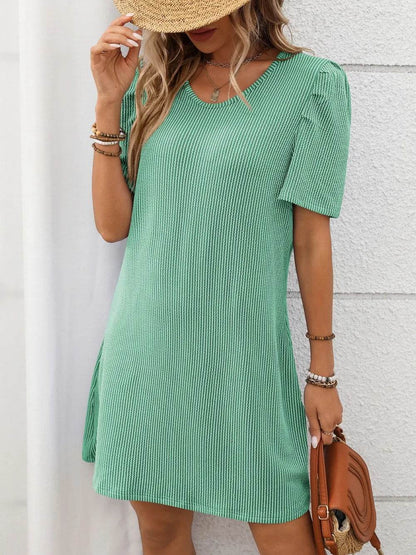 Textured Round Neck Short Sleeve Mini Dress Trendsi 626985b8-ef63-4458-aa3d-20d59df2b14c-Max