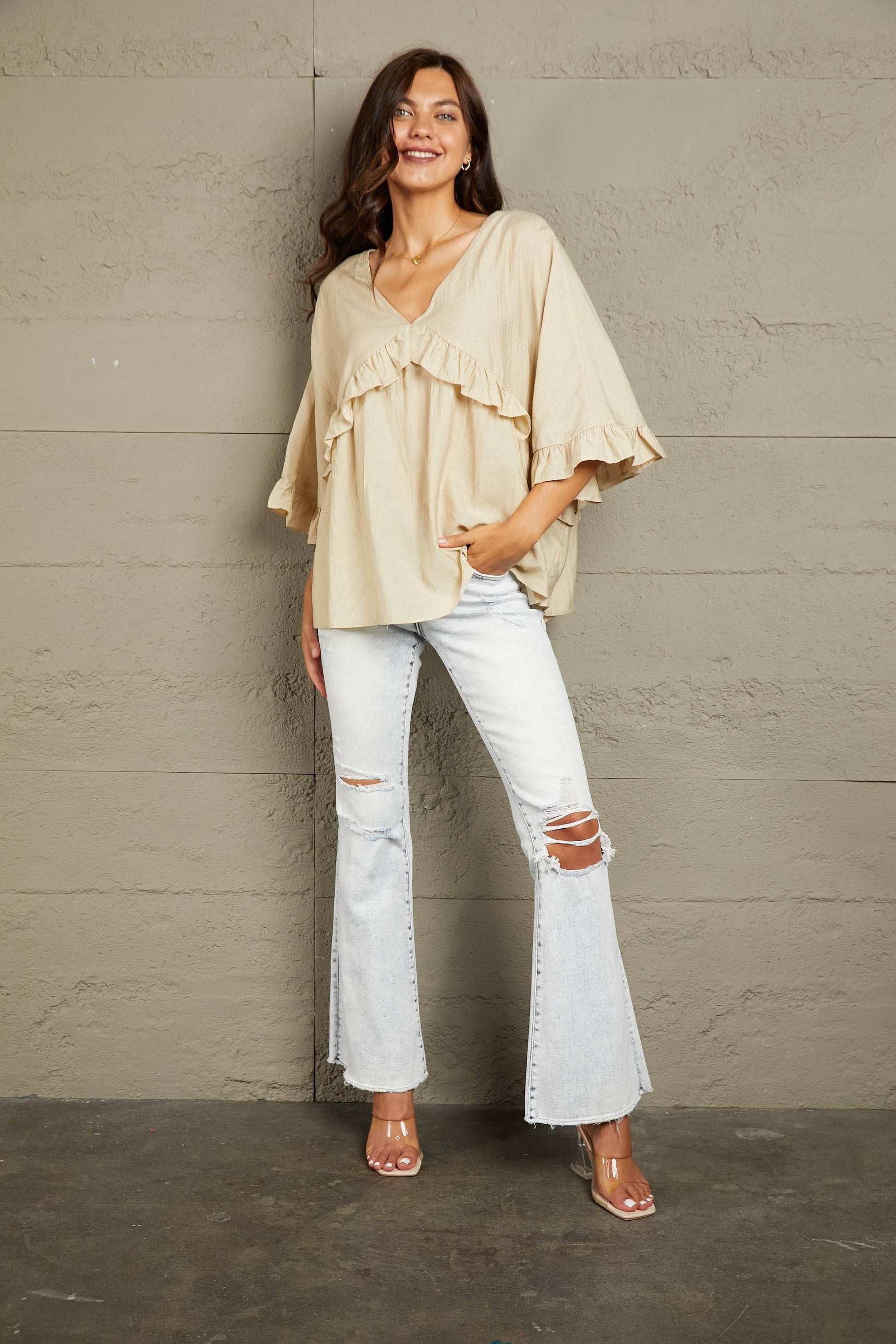 Ruffled V-Neck Half Sleeve Blouse Trendsi 6270b3954c64414cada075972ff454ea-Max