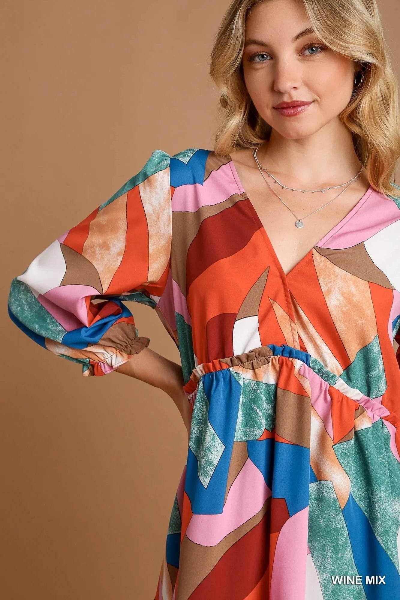 Umgee Abstract V-Neck Tiered Printed Dress Trendsi 627d7be3-177a-4739-beda-17fd4f34a7e8-Max-Origin