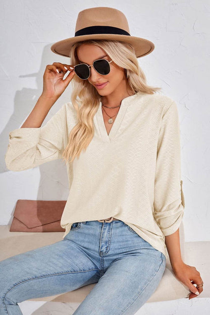 V-Neck Roll-Tap Sleeve Blouse Trendsi 6291ffc21eea4f08a4674b00903ea26b-Max