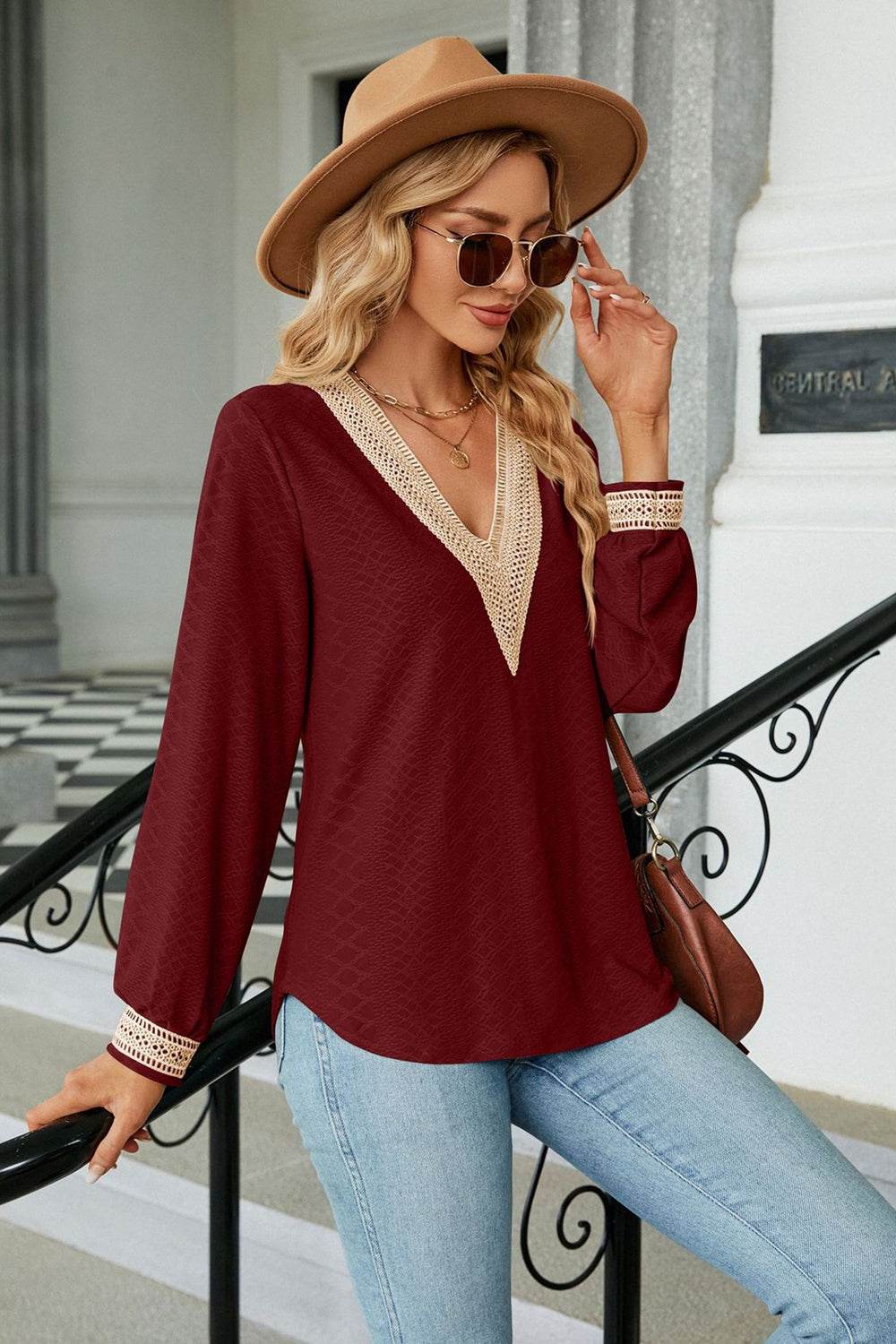 V-Neck Long Sleeve Blouse Trendsi 62995da792a748f683949dc2daa3a29e-Max