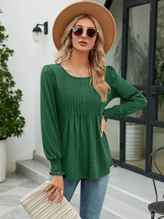 Smocked Round Neck Lantern Sleeve Blouse Green Trendsi 62dd04c9de8c498eaad72f858220743a-Max