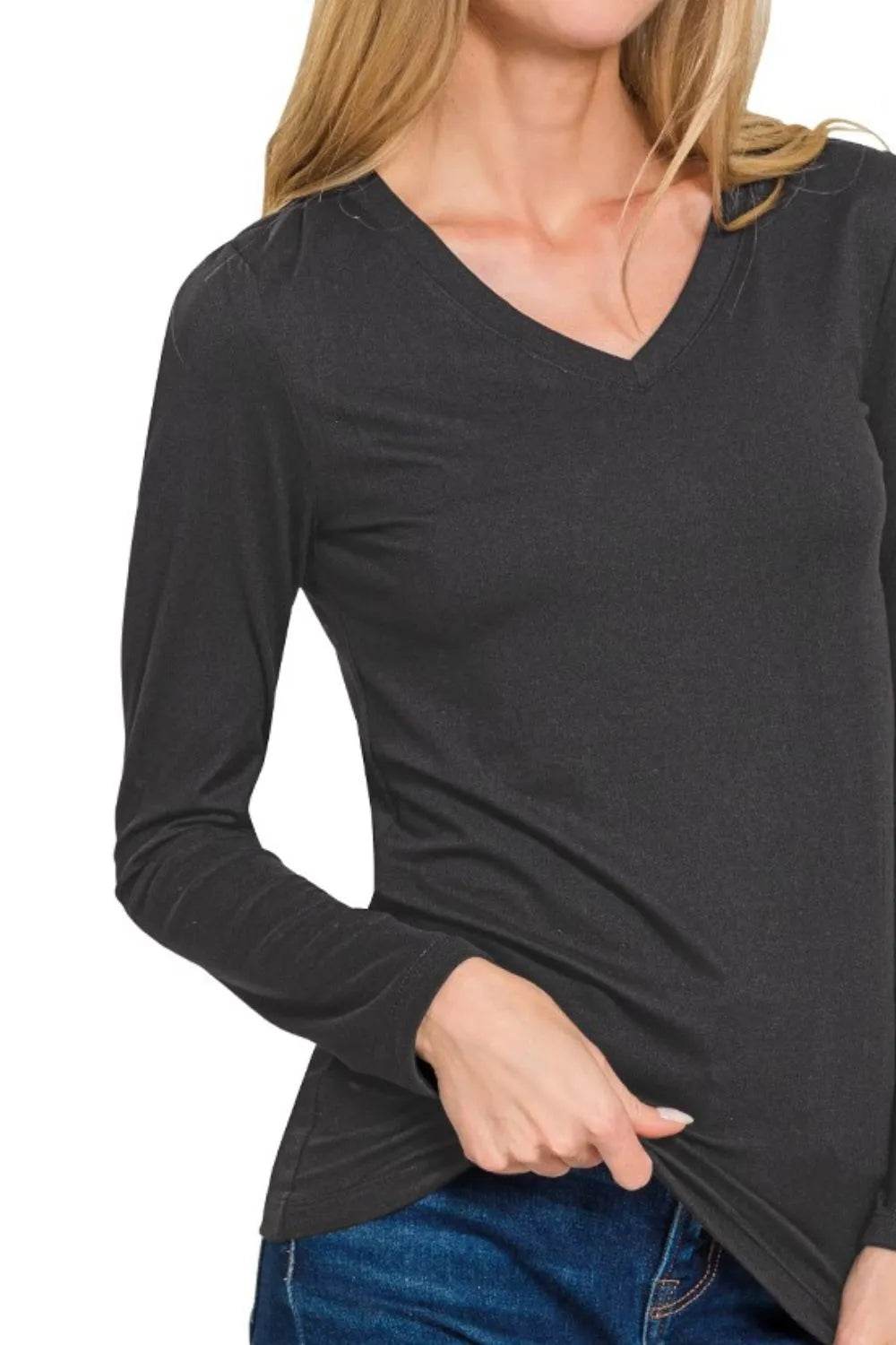 Zenana Brushed Microfiber Long Sleeve V-neck Tee Trendsi 62e99122-c4c5-430c-ad9f-371e302133b5-Max-Origin
