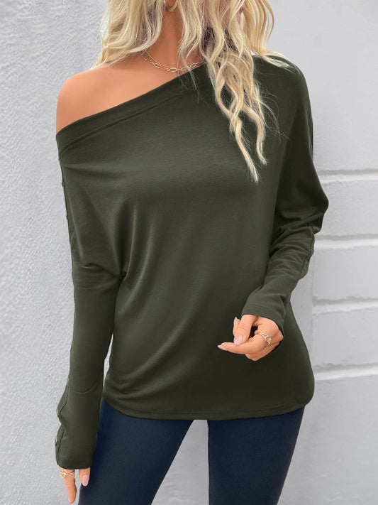 Single Shoulder Long Sleeve T-Shirt Dark Green Trendsi 630e47dbc50f48449b8d0b8a7521d5c2-Max-Origin