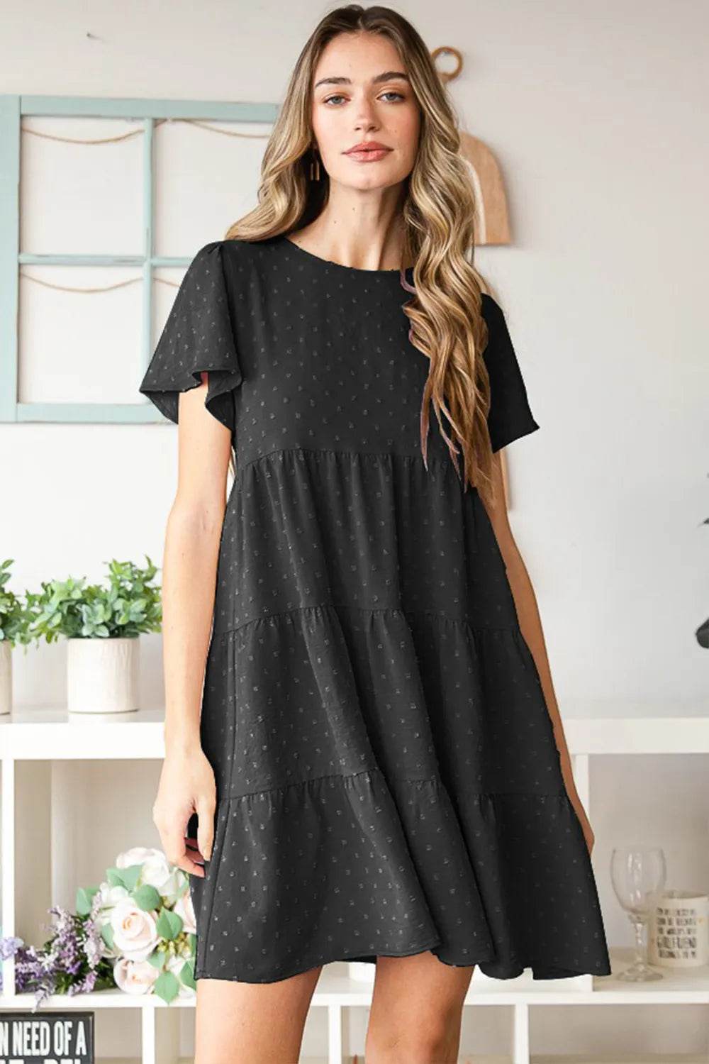 Heimish Swiss Dot Short Sleeve Tiered Dress Black Trendsi 6341840f-75cc-4aef-a474-af1ffd366577-Max