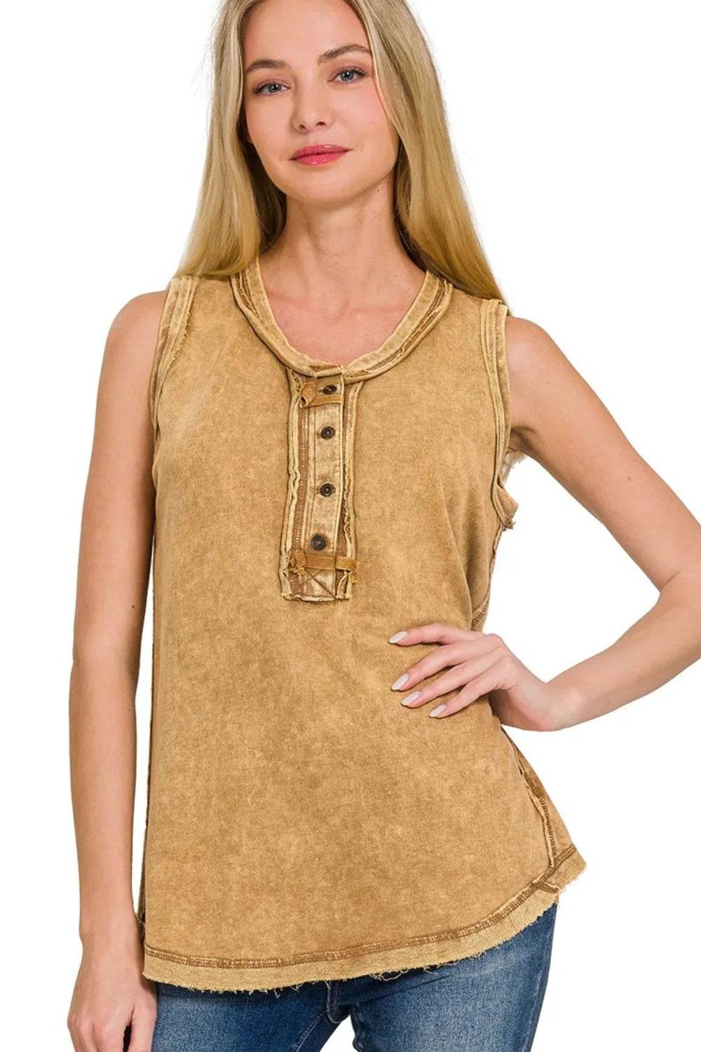 Zenana Washed Half-button Raw Edge Sleeveless Henley Top DK CAMEL Trendsi 634618d7-571f-4e49-94e6-86b8d11a20e3-Max-Origin