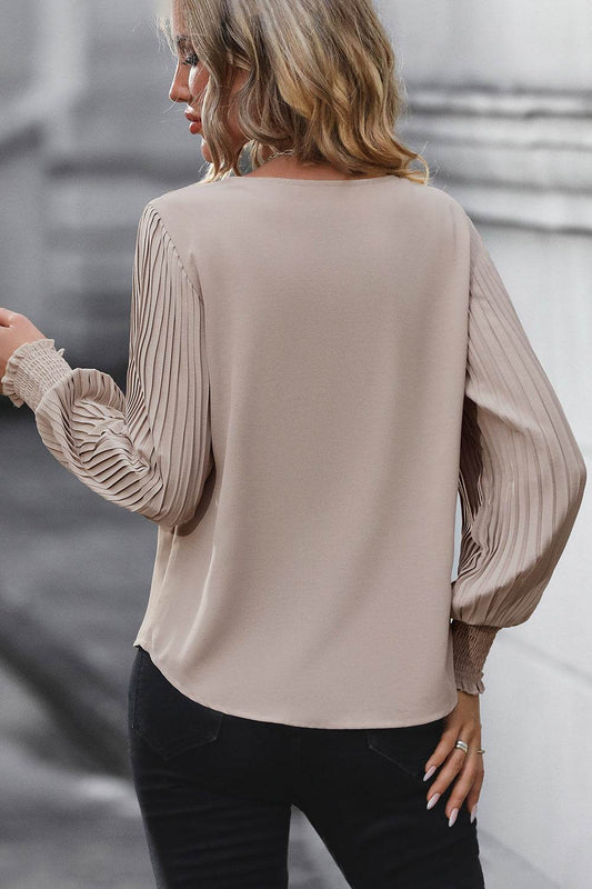 Perfee Pleated Lantern Sleeve V-Neck Blouse Trendsi 6353da28989d49198796f01c8d31868e-Max