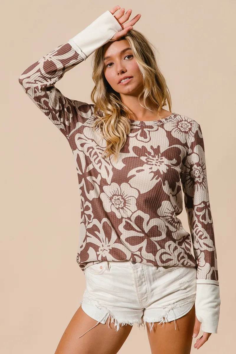 BiBi Flower Printed Waffle Thumb Opening Top MOCHA Trendsi 6370d715ca054badaa50d52c1fa5545c-Max-Origin