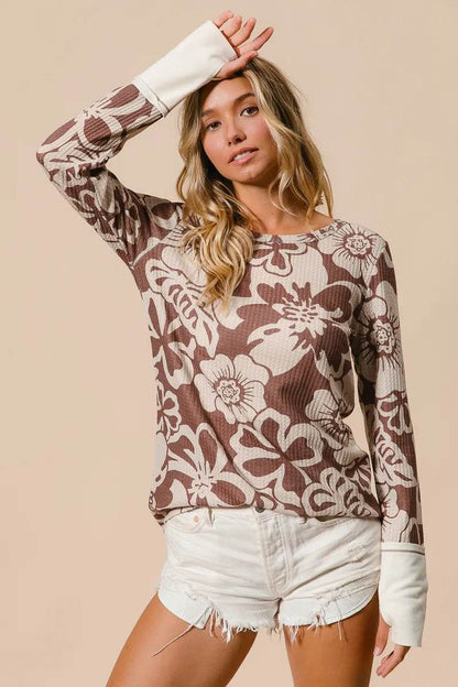 BiBi Flower Printed Waffle Thumb Opening Top MOCHA Trendsi 6370d715ca054badaa50d52c1fa5545c-Max-Origin