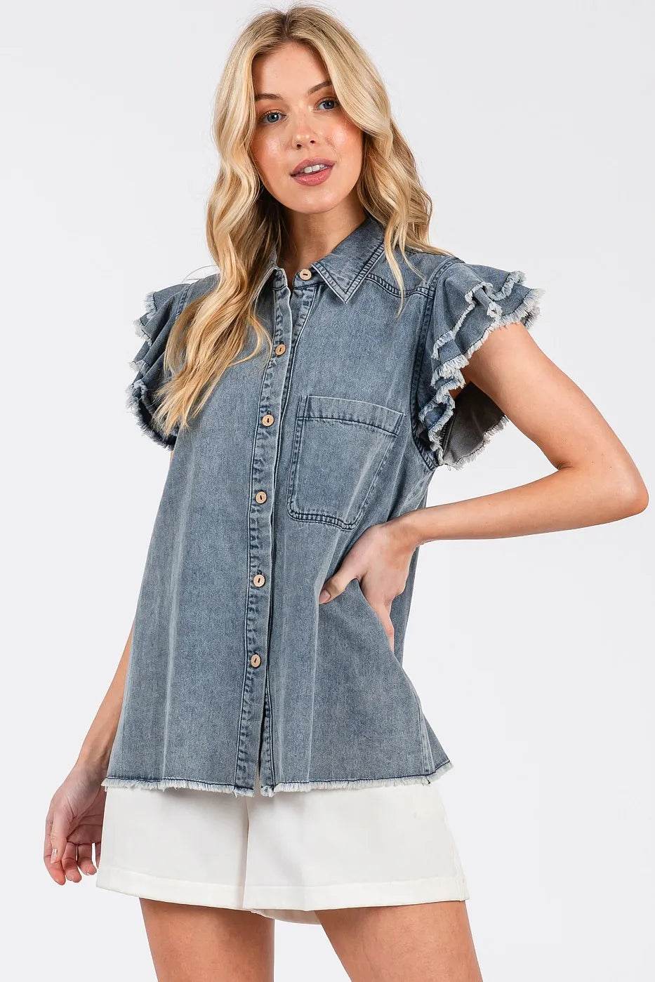 Mittoshop Washed Denim Ruffle Short Sleeve Collared Shirt Trendsi 6379c0b727954e508538fe93154821b6-Max-Origin