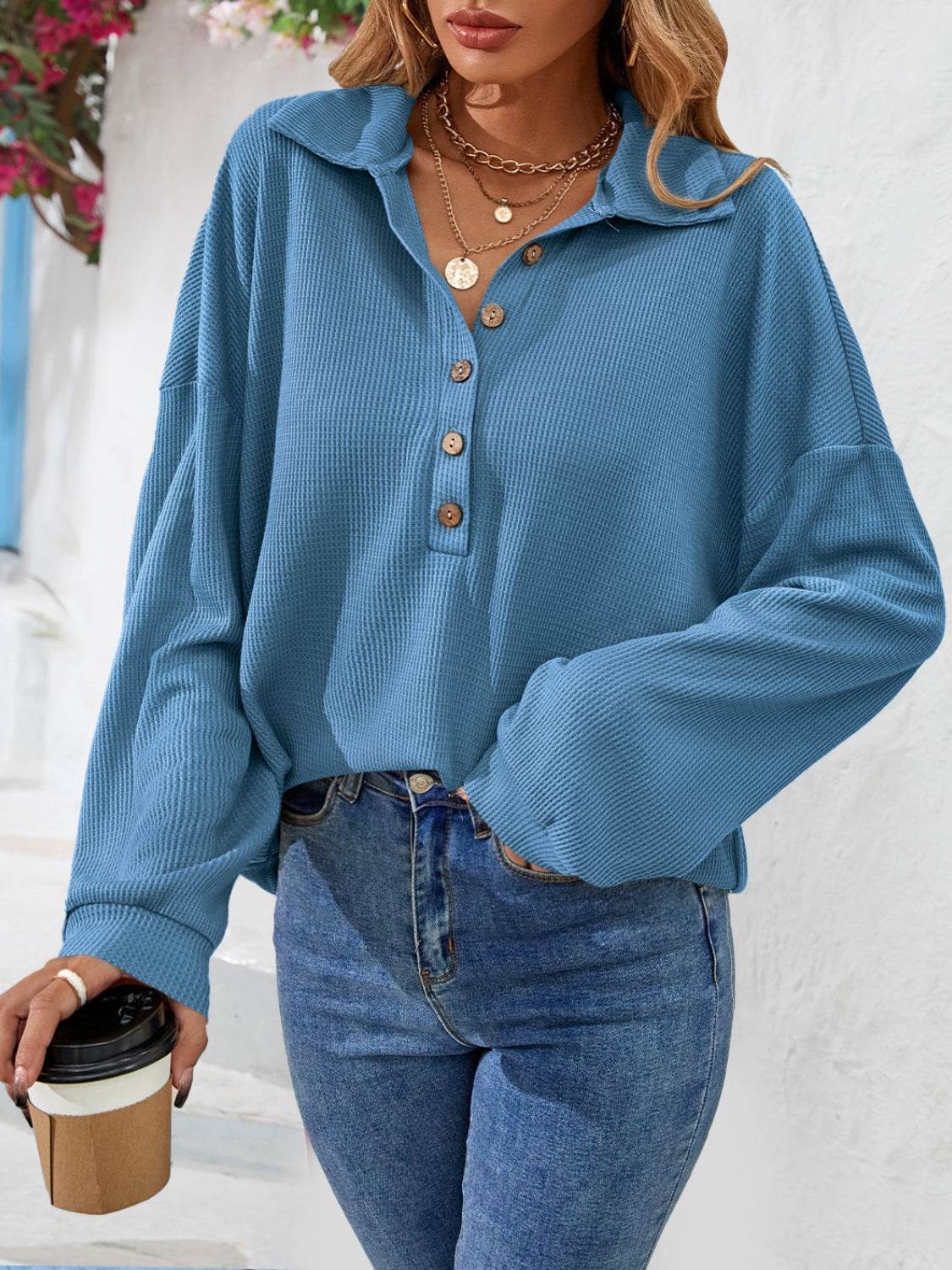 Half Button Collared Neck Long Sleeve Top Dusty Blue Trendsi 6395ed7e29584cec8514526a778b60d5-Max