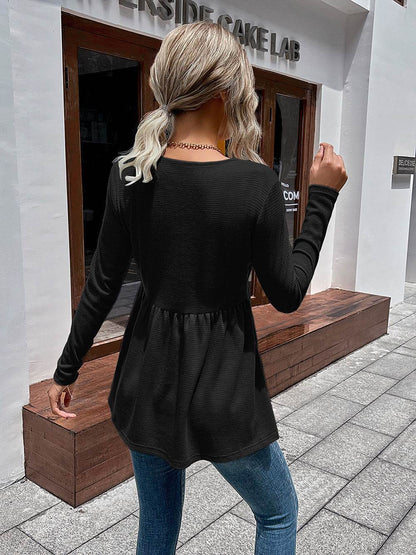 Ivy Lane Waffle-Knit V-Neck Long Sleeve Blouse Trendsi 639d4bea758445ebb5299c7e4a7aeab9-Max