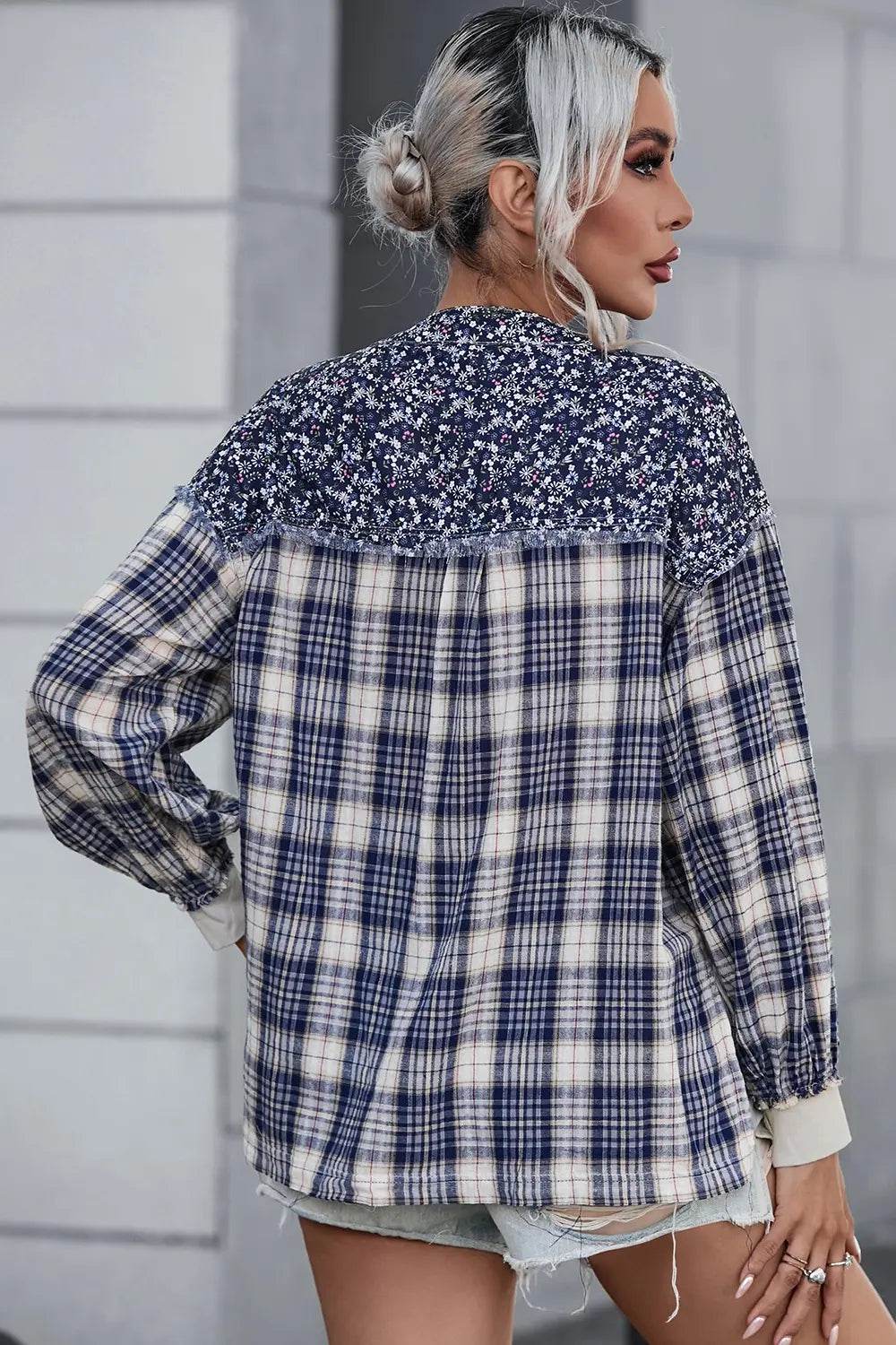 Plaid Notched Neck Slit Blouse Trendsi 63a98b3308354b198e53bbf6195c8592-Max