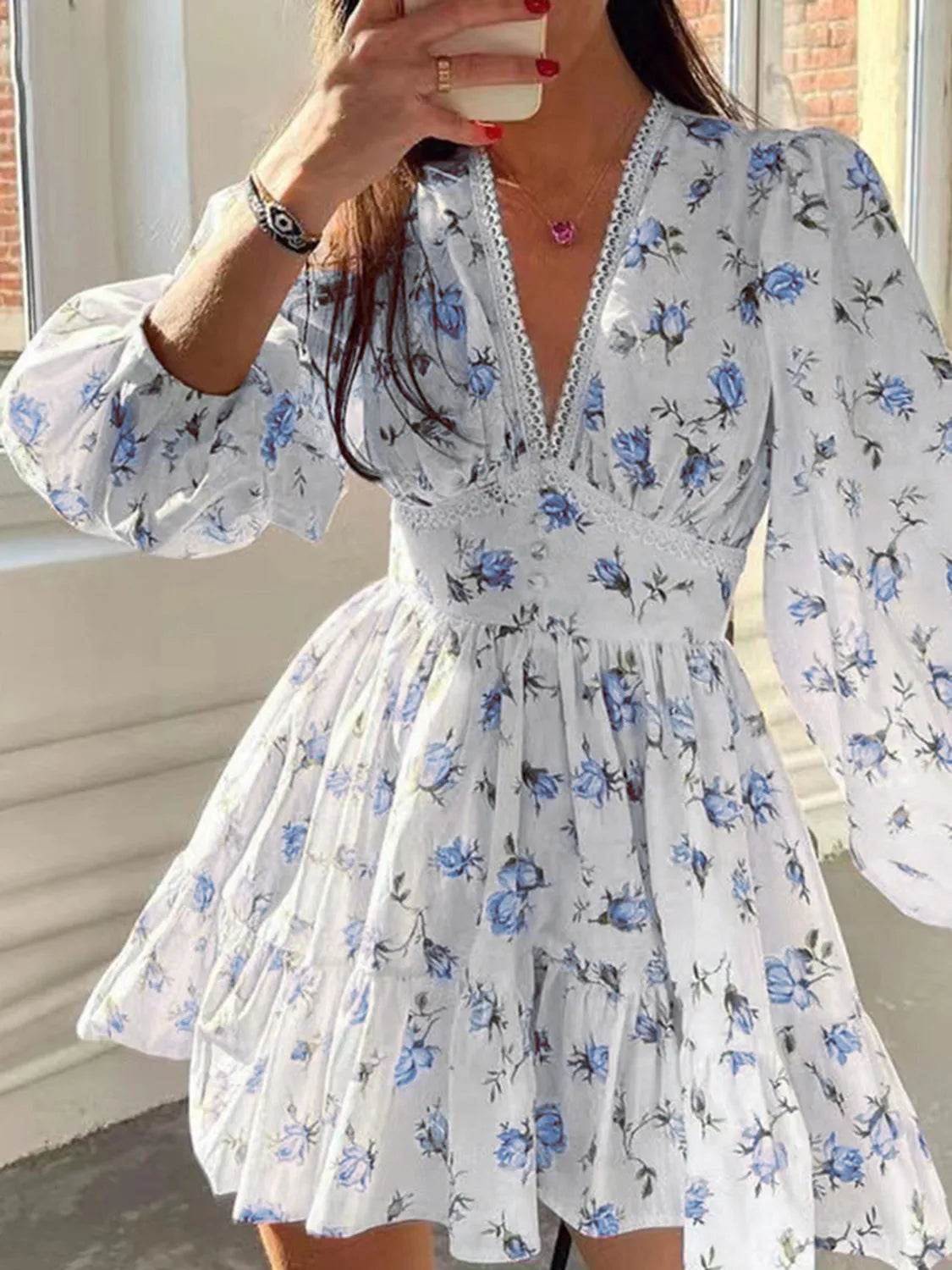 Lace Detail V-Neck Balloon Sleeve Dress Light Blue Trendsi 63ac464d-a937-4055-9efe-3fc494b56d81-Max-Origin