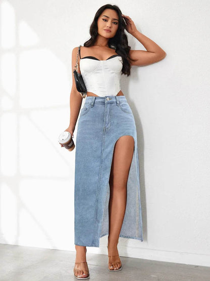 High Rise Slit Denim Skirt Trendsi 63b2777b-3f9c-4912-ad08-debc27e62b6e-Max