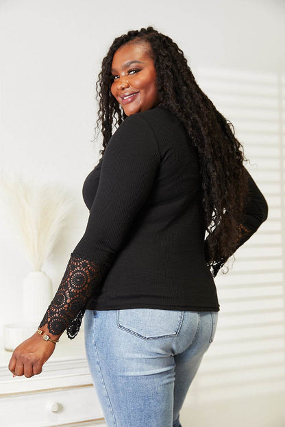 Double Take Crochet Lace Hem Sleeve Button Top Trendsi 63b673f611624d918cf5ea5e23305063-Max