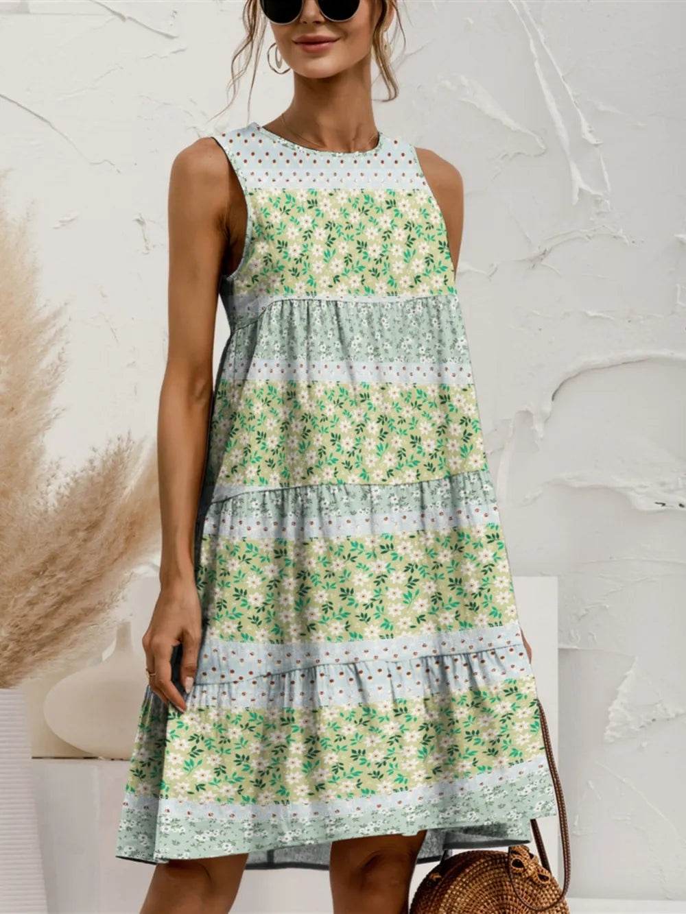 FAM-FAM Tiered Printed Round Neck Sleeveless Dress Light Green Trendsi 63c33174-9f22-4d18-b553-cdebeaf7c60b-Max